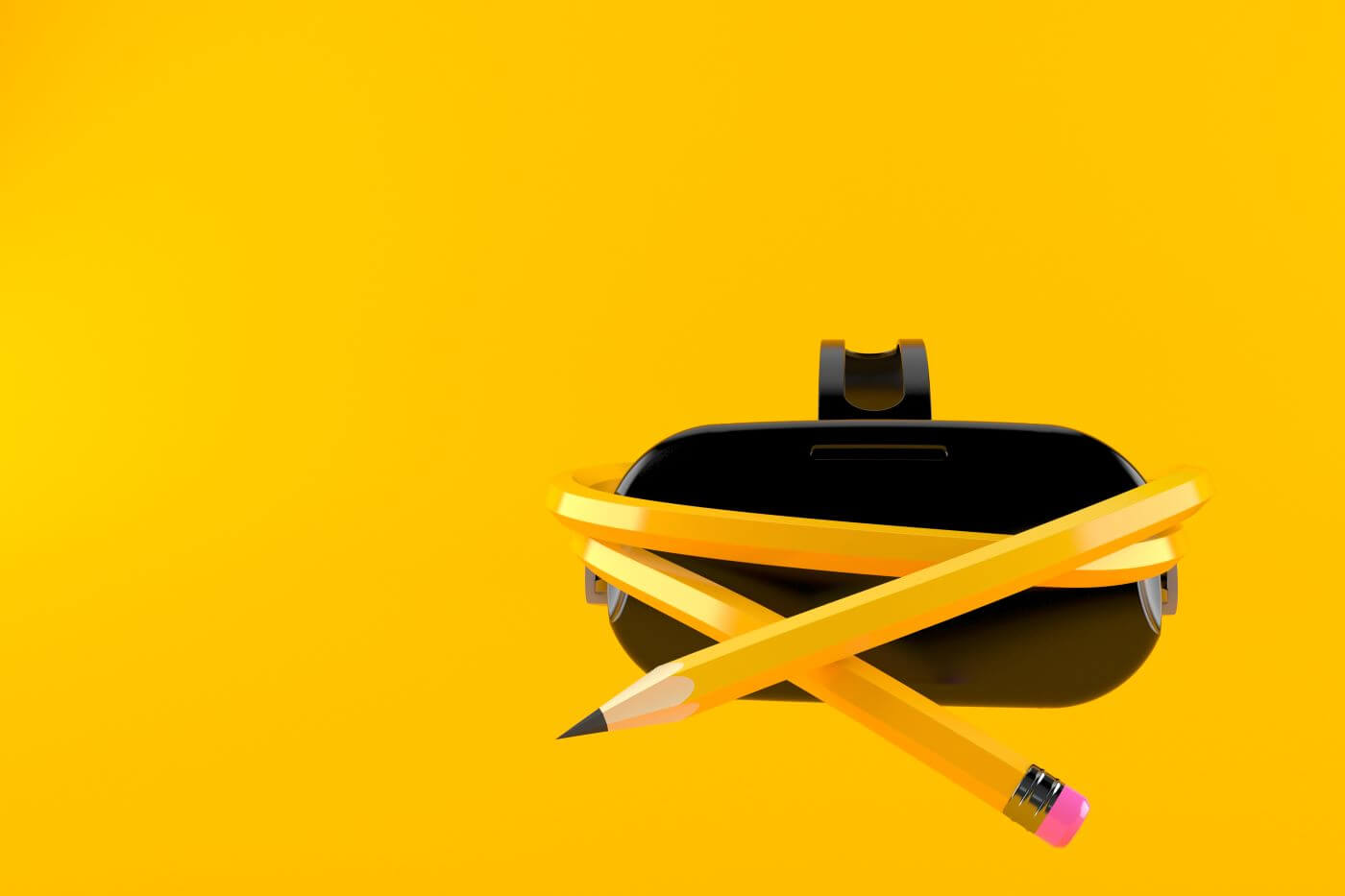 XR Education in 2021 - VR headset with pencil isolated on orange background