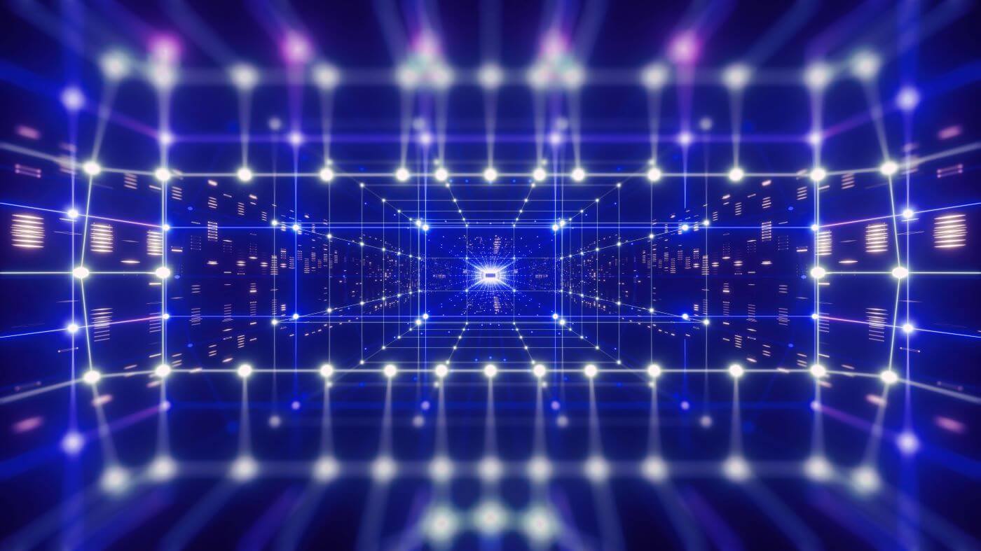 metaverse - olorful neon virtual reality tunnel, abstract geometric background