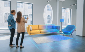 Couple Uses Tablet with Augmented Reality Interior Design Software to Choose 3D Furniture for their Home
