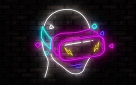 Image of a retro neon pink and turquoise human head with Virtual Reality mask flickering with yellow flashes on black background - AR/VR trends concept