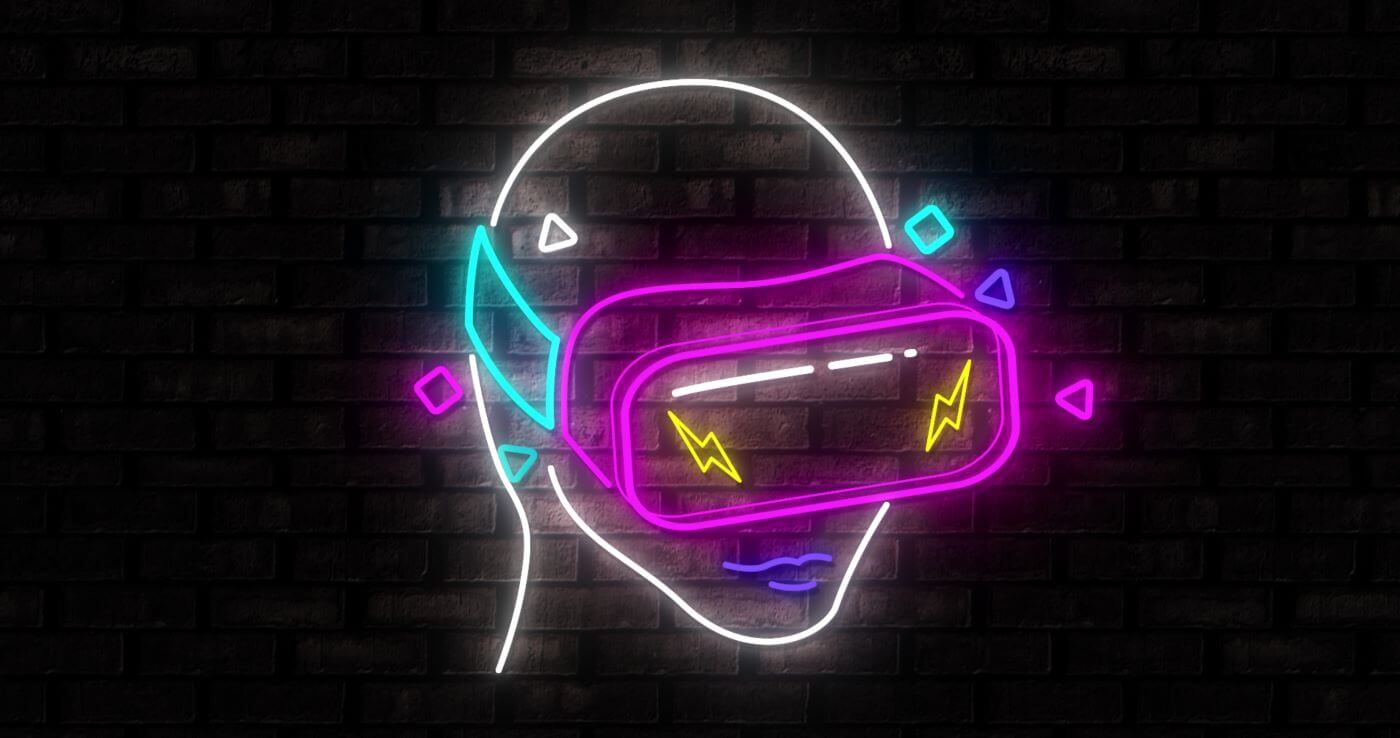 Image of a retro neon pink and turquoise human head with Virtual Reality mask flickering with yellow flashes on black background - AR/VR trends concept