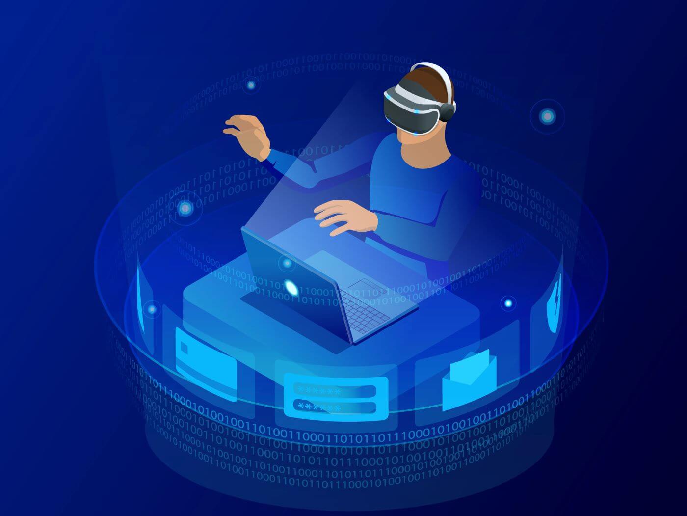AR/VR development concept. Isometric man wearing virtual reality headset and gesturing while sitting at his desk in creative office. Developing programming and coding technologies.