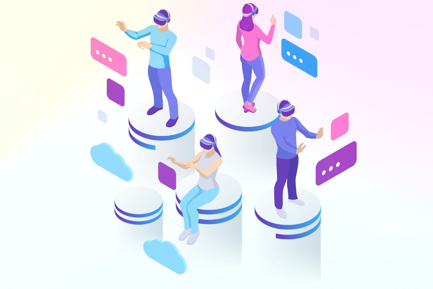 Isometric customer experience (CX) in virtual reality, augmented reality concept. Men and woman wearing virtual reality glasses.