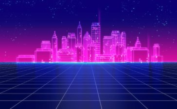 Retro futuristic skyscraper city 1980s style 3d illustration - metaverse concept