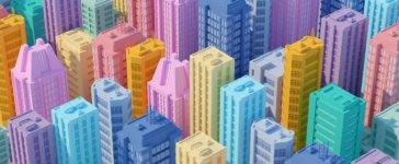 Isometric city with colorful skyscapers - concept of metaverse real estate