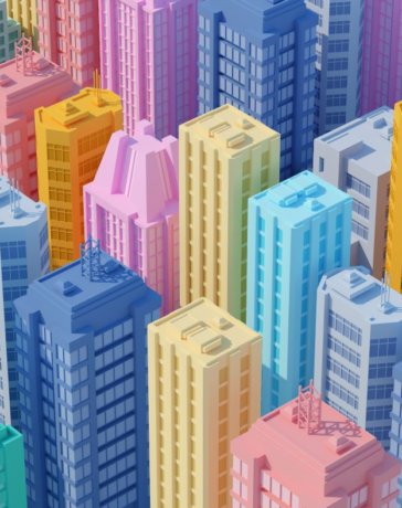 Isometric city with colorful skyscapers - concept of metaverse real estate