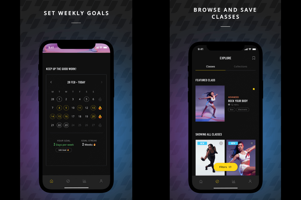 VR fitness FitXR mobile app - create weekly goals, browse and save classes
