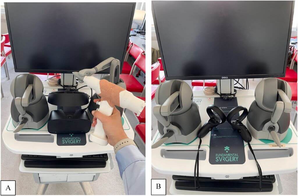 VR simulator setup for Drilling Study - Haptic group (A) and non-haptic group (B)