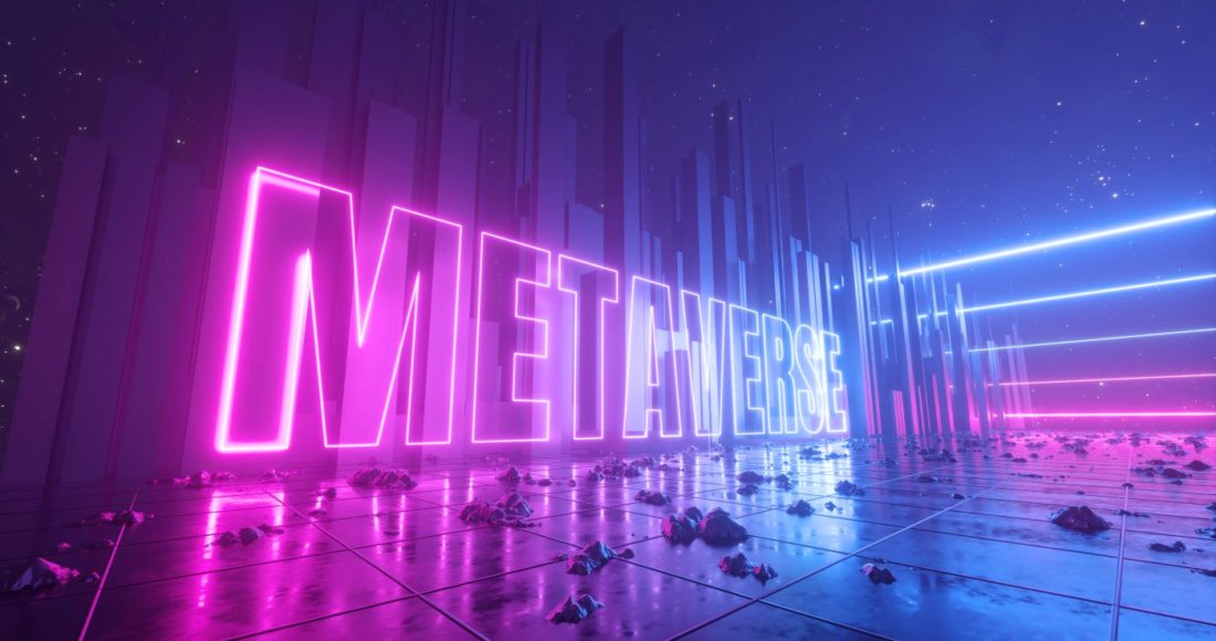 Abstract fantastic background. Cosmic landscape. Metaverse word glowing with pink blue neon light.
