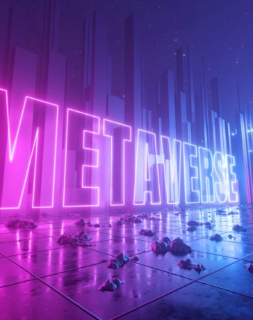 Abstract fantastic background. Cosmic landscape. Metaverse word glowing with pink blue neon light.