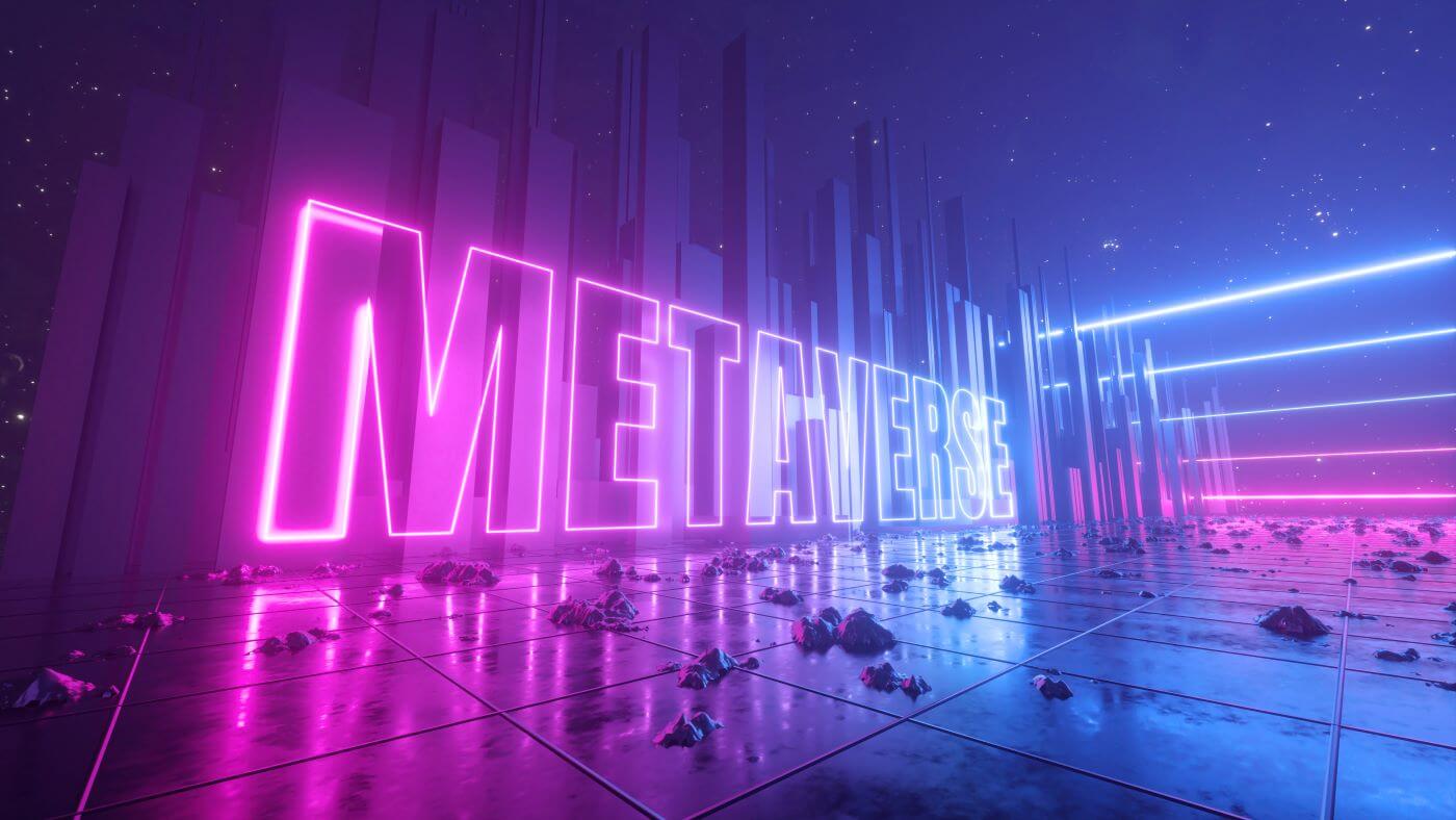Abstract fantastic background. cosmic landscape. Metaverse words glowing with pink blue neon light.