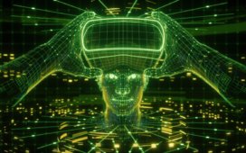UC Berkeley Report on Safety in Social VR - man holding virtual reality glasses, surrounded by virtual data with neon green grid