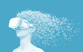 Mental Health and VR - Young woman wearing VR glasses with 3D pixels as hair