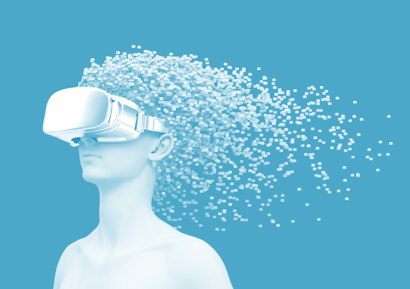 Mental Health and VR - Young woman wearing VR glasses with 3D pixels as hair